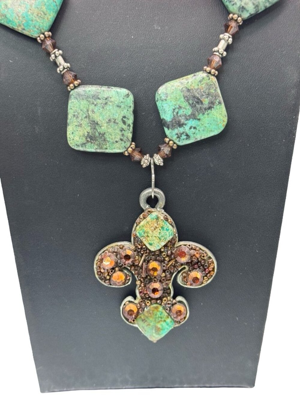 Vintage Artisan Turquoise & Brown Beaded Fleur-De-Lis Necklace Rustic Pendant